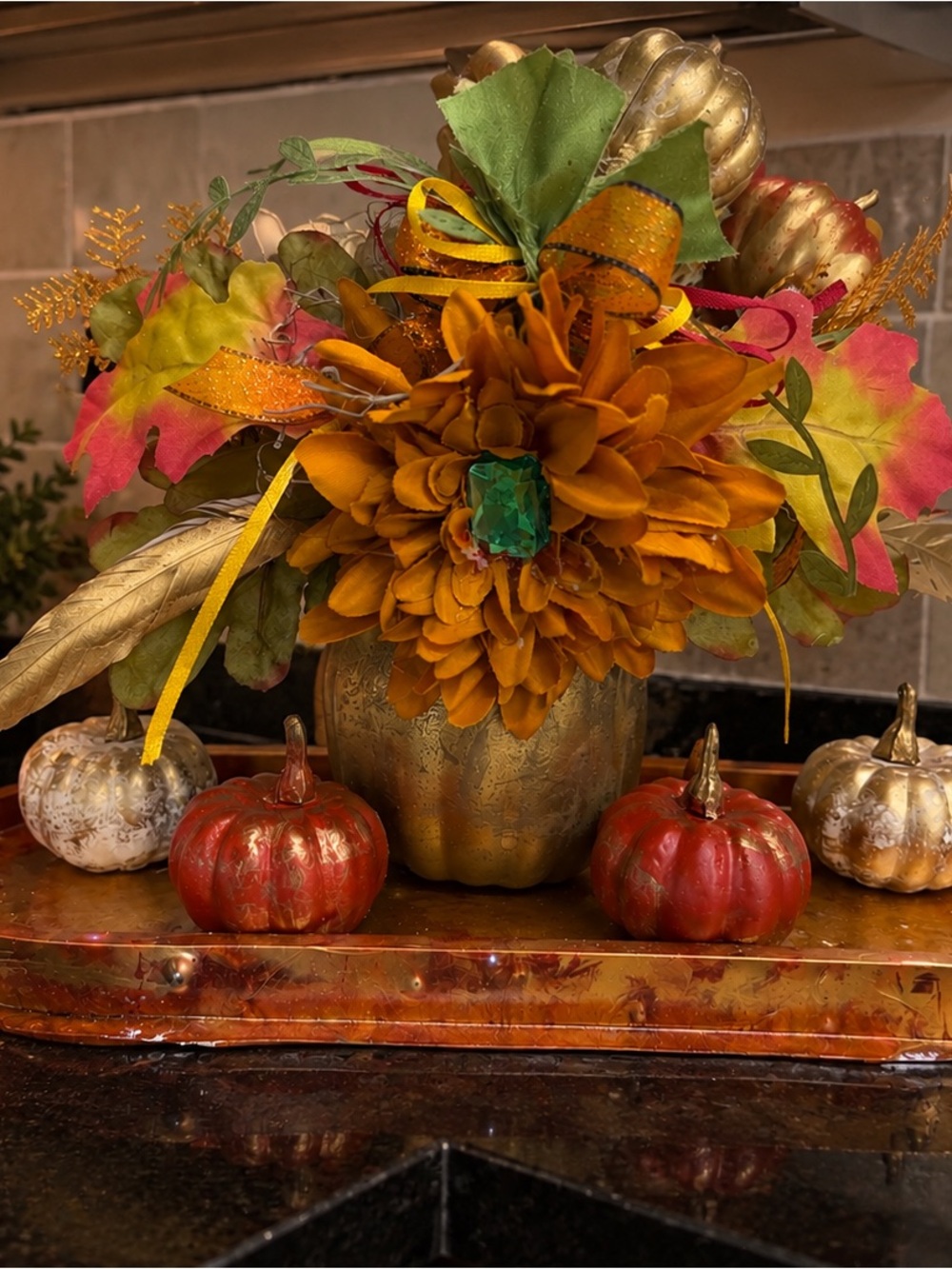 Gold Pumpkin Vase Fall Floral Arrangement in Orange and Green